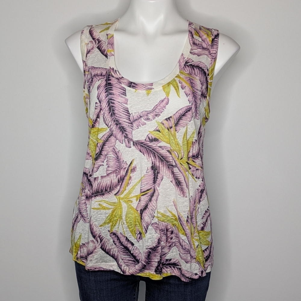 Loft Purple White Yellow Tropical Leaf Scoop Neck Linen Tank S